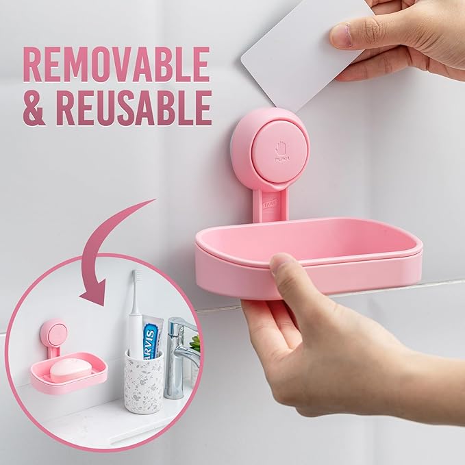 TAILI Soap Dish Bar Holder Suction Cup,Soap Saver with Powerful Vacuum Suction,Sponge Holder for Shower,Bathroom,Tub and Kitchen Sink, Universal Shower Accessories,Drill-Free,Removable,Pink