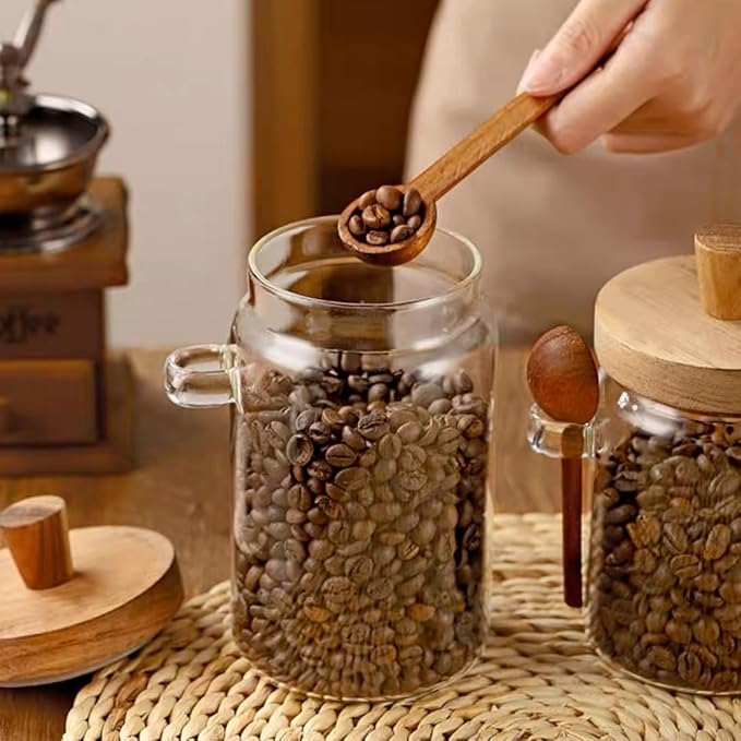 ANSQU Set of 2 Glass Food Storage Jars with Bamboo Wood Lid and Spoon, 20.3oz Glass Kitchen Canisters for Coffee, Tea, Cereal, Spice and Canning, Mason Jars, Cute Jar