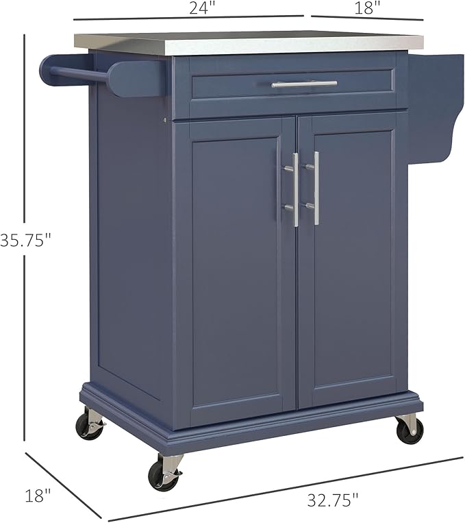 HOMCOM Kitchen Island on Wheels, Rolling Kitchen Cart with Stainless Steel Countertop, Drawer, Towel Rack and Spice Rack, Utility Storage Trolley, Deep Blue