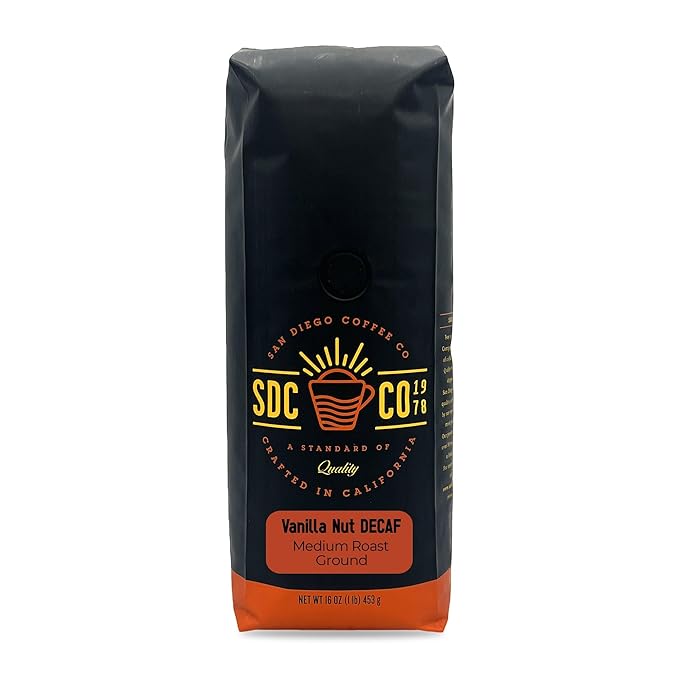 San Diego Coffee DECAF Vanilla Nut, Medium Roast, Ground Coffee, 16-Ounce Bag Café descafeinado molido tostado