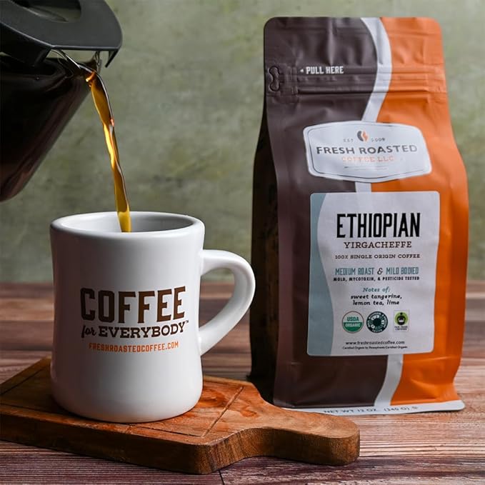 Fresh Roasted Coffee, Organic Ethiopian Yirgacheffe | USDA Organic, Kosher, 3rd Party Tested for Mold, Myco, Pesticides | 12 oz Whole Bean