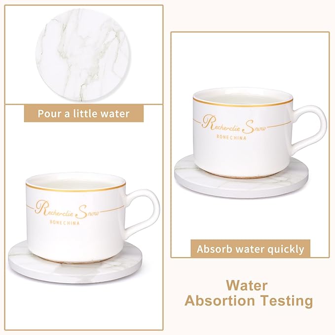 White Marble Coasters Set of 6 Best Round Ceramic Absorbent Coasters with Holder Coffee Cup Coaster Modern Drink Coaster for Bar, Table, Desk