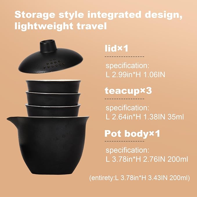 Porcelain Chinese Gongfu Tea Sets for Adults Portable Kungfu Teapot and Cup Set Small Ceramic Tea Party Set Travel Teaset with Lid for Home Gifting Outdoor and Office (Black)