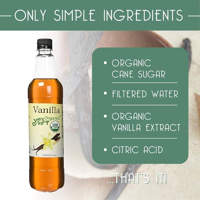 Joe’s Syrup Organic Flavored Syrup, Organic Vanilla, 750 ml (3 Pack)