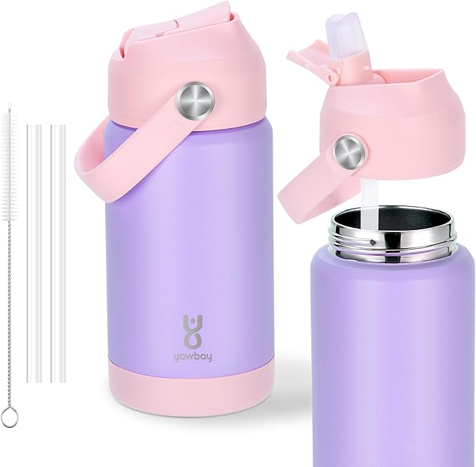 Kids Insulated Water Bottle with Straw Lid & Silicone Handle,12oz Kids Leak Proof Water Bottle for School Boys Girls,Double Wall Vacuum Stainless Steel with Non-slip Silicone Base(Light Purple)