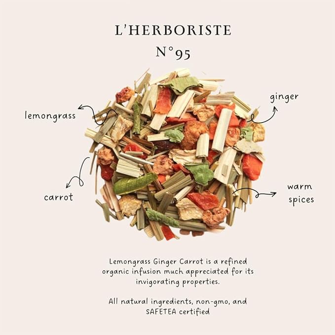 Palais des Thés Caffeine-Free Tea - L'Herboriste N°95 Organic Energy Herbal Blend with Lemongrass, Ginger & Carrot - Premium Tea Bags, Serves 20 Cups
