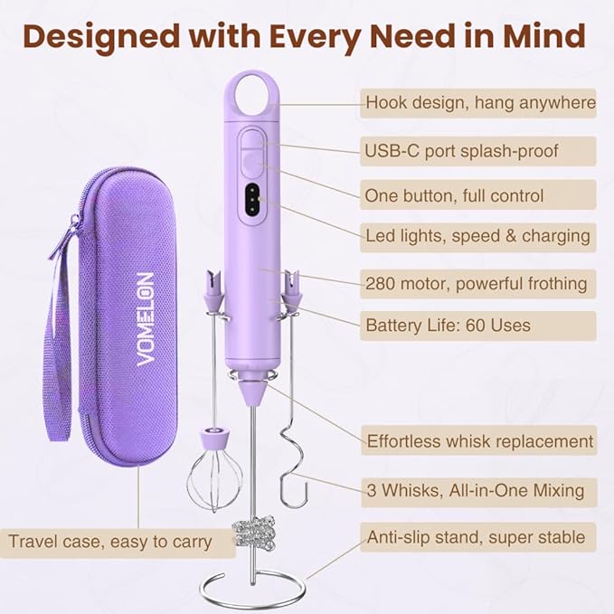 Rechargeable Milk Frother Handheld 3 Speed Coffee Foamer [3 Whisk] Electric Drink Mixer for Latte, Cappuccino, Coffee, Eggs, Hot Chocolate, Purple