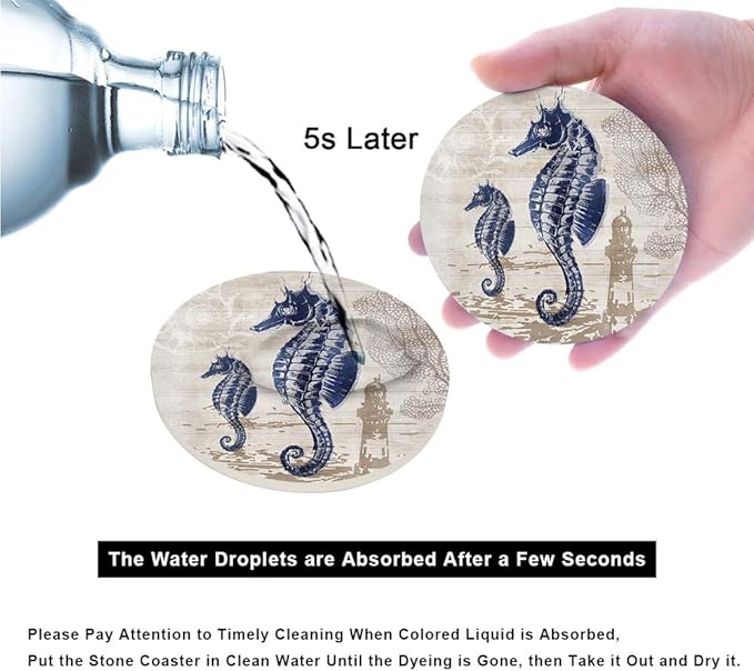 Absorbent Coasters Natural Ceramic Thirsty Stone Navy Blue Octopus Seahorse Crab Turtle Ocean Theme Coaster Set for Drinks Cork Backing (sea Animals)…