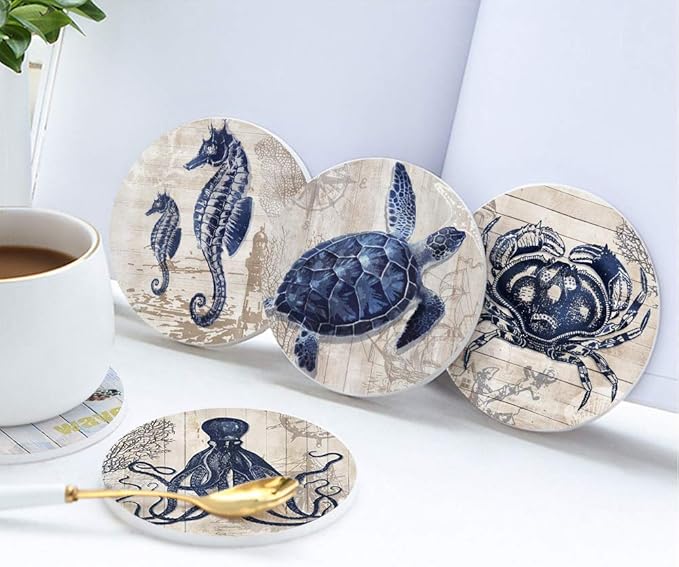 Absorbent Coasters Natural Ceramic Thirsty Stone Navy Blue Octopus Seahorse Crab Turtle Ocean Theme Coaster Set for Drinks Cork Backing (sea Animals)…