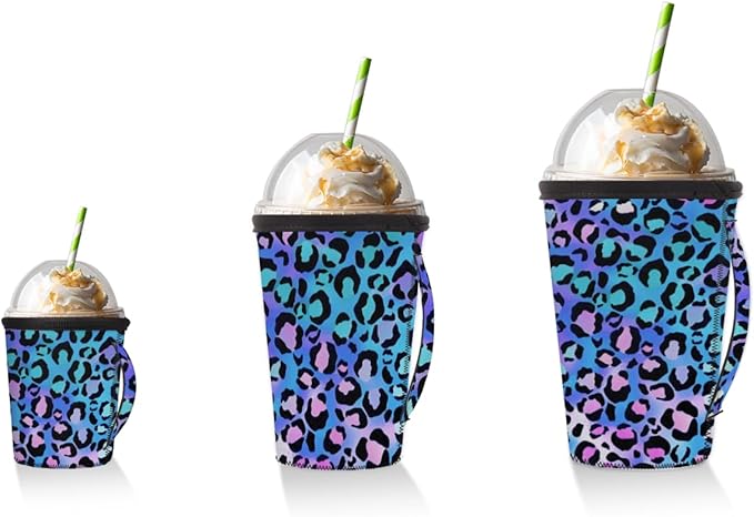 Purple And Blue Leopard Reusable Insulator Coffee Sleeves for Drinks Beverages, Neoprene Holder with Handle for Most Coffee or Ice Drink, 24-28oz