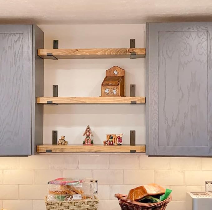 Rustic Shelves with J-Brackets Set of 2, Industrial Shelf, Kitchen Shelves, Solid Wood, Decorative Wall Storage, Heavy Duty, URBANDI (Brown, 48Wx10D)