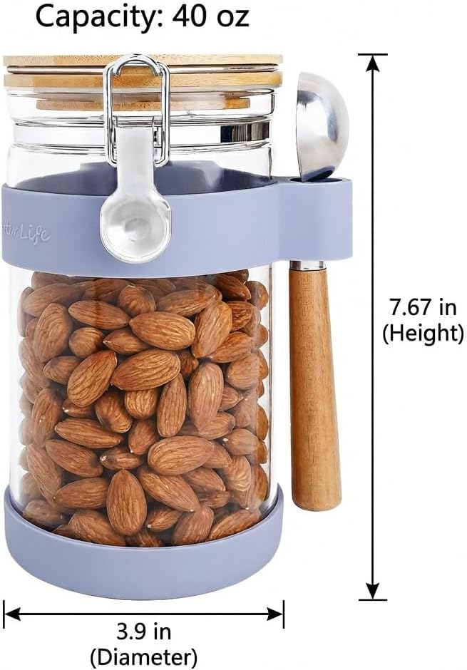 Airtight Glass Protein Powder Container with Scoop, 40oz (1200ml) Glass Supplement Storage Jar, Large Food Canister with Bamboo Lid for Kitchen & Pantry Organization - Ideal for Creatine,BCAA,Collagen