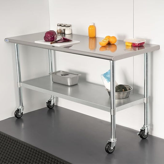 HARDURA Stainless Steel Table with Wheels 30 x 72 Inches Casters NSF Heavy Duty Commercial Prep Table with Undershelf and Galvanized Legs for Food Prep