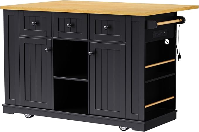 Yayzy Rolling Kitchen Island with Drop Leaf & Storage, Mobile Kitchen Cart on Wheels with 5 Open Shelves, Towel Rack & Power Outlet for Kitchen and Dining Room, Black, 53-Inch