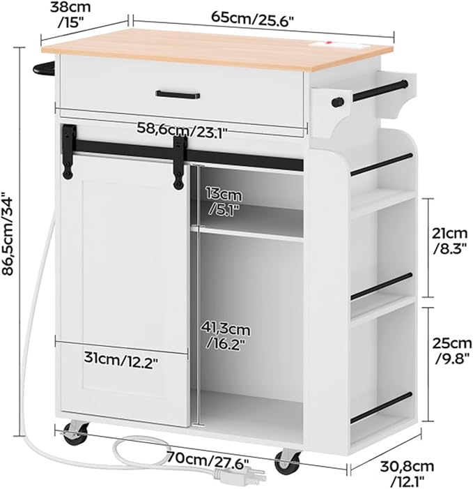 Kitchen Island with Storage, Kitchen Storage Cabinets with Charging Station, Kitchen Island on Wheels, Rolling Island Table with Sliding Cabinet Door, White and Natural ZD01UWN