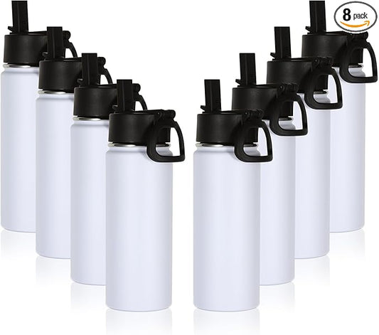 Volhoply 16 OZ Kids Water Bottle Bulk 8 Pack,Insulated Sports Bottles with Straw Lid,Stainless Steel Bottle with Handle Keep Cold & Hot,Double Wall Vacuum Tumbler Cups for School(White, 8)