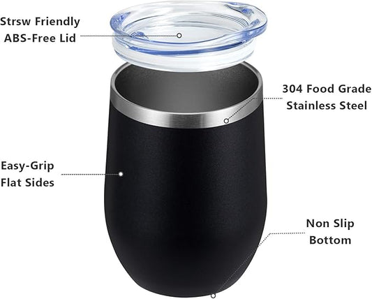 MEWAY 12oz/12 Pack Wine Tumbler Glasses with Lid -Double Wall Vacuum Stainless Steel Travel Tumbler Mug,Stemless Insulated Wine Cup for,Coffee,Cocktails,Gifts (Black,Set of 12)