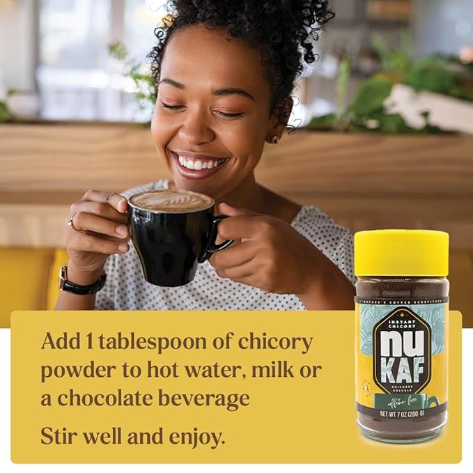 nuKAF By Gourmanity Instant Chicory Coffee Alternative, Brews Like Regular Coffee, All Natural 100% Chicory Root Powder, Great for Your Daily Drink, Rich in Prebiotics, Kosher, 7oz jar
