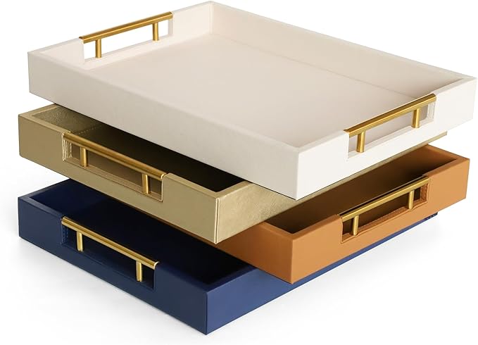 HofferRuffer Faux Leather Serving Tray with Gold Metal Handles, Stylish Decorative Tray Organizer for Coffee Table, Ottoman, Home Decor and Serving (Gold, 16.2" x 12.2" x 2")
