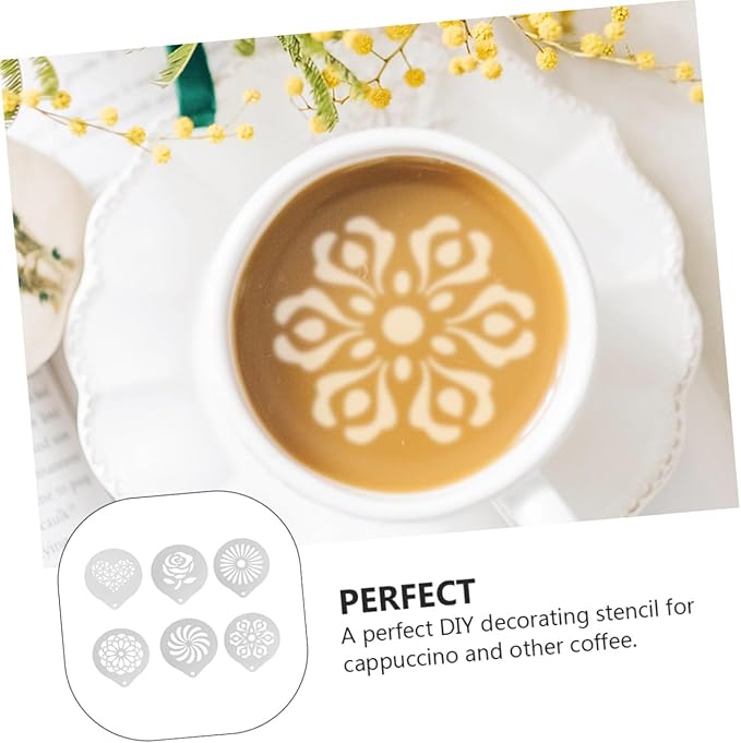6 Pcs Stainless Steel Coffee Stencils Latte Art Templates for Cappuccino Milk Spray Tools DIY Coffee Decorating for Cakes Cookies and Desserts