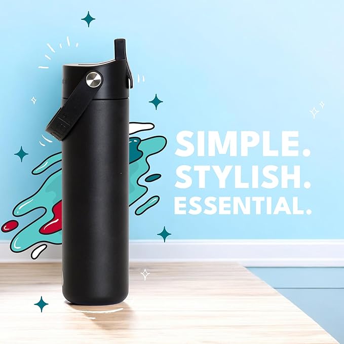 Elemental 24oz Insulated Water Bottle with Straw - 100% Leak-Proof Stainless Steel Core Water Bottles for Travel, Sports and Gym - Double Wall Insulation & BPA Free - Black