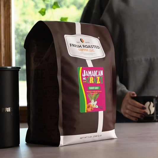 Fresh Roasted Coffee, Jamaican Me Crazy Flavored Coffee, 5 lb (80 oz), Medium Roast, Kosher, Ground