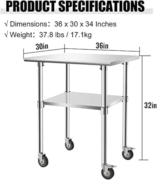 Stainless Steel Table - Metal Table Cart - Commercial Workbench with Caster Wheel - NSF Certified - for Restaurant, Warehouse, Home, Kitchen, Garage,36''x30''