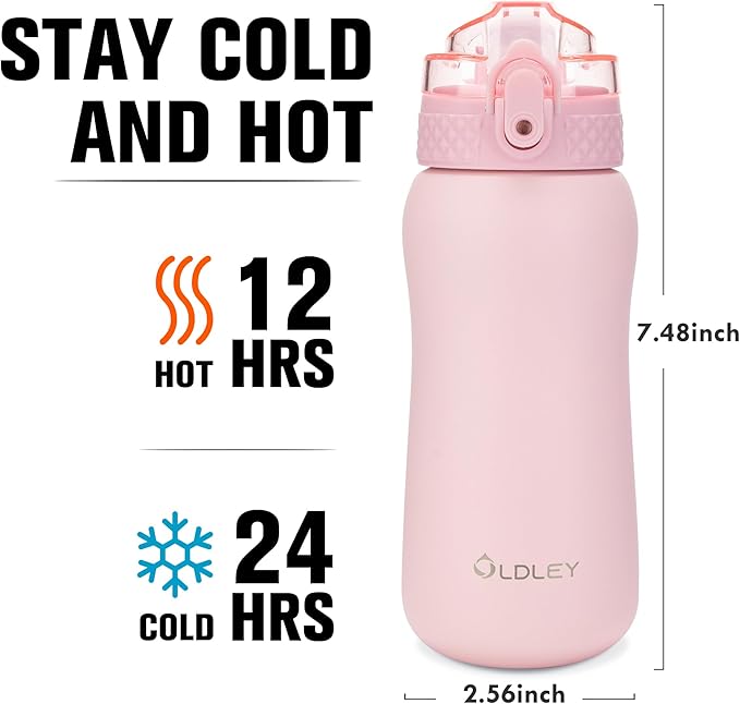 Oldley Insulated Water Bottle 12oz Water Bottles with Straw, Stainless Steel Water Bottle with 2 Lids, Double Wall Vacuum Bottels for Adults Kids, Leak-Proof Sport Bottles for School Travel, Pink
