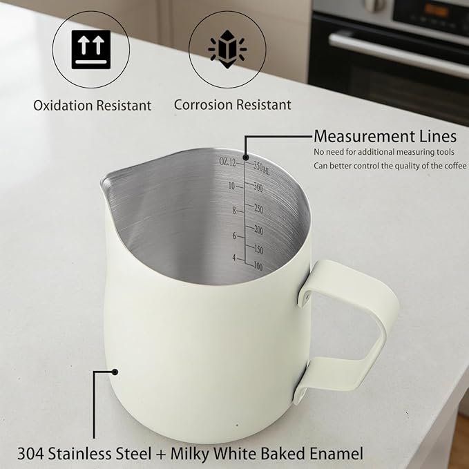 Milk Frother Cup, 12oz/350ml Milk Pitcher, Thickened 304 Stainless Steel Milk Frothing Pitcher for Espresso Coffee, Milk(White)