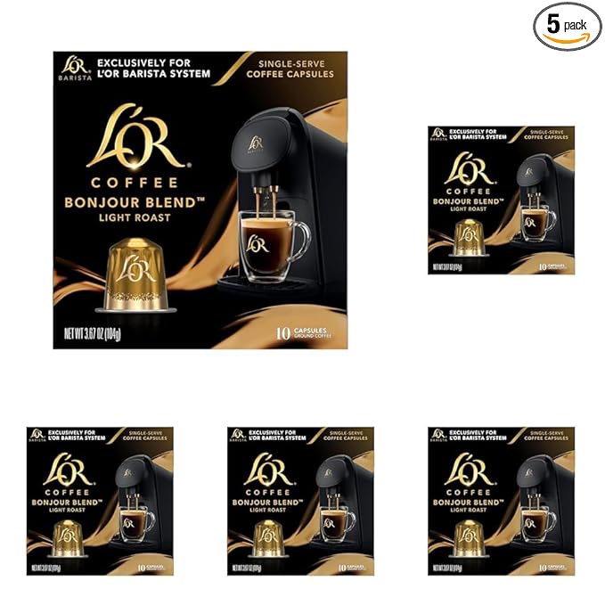 L'OR Coffee Pods, 50 Count Bonjour Light Roast Blend, Single-Serve Aluminum Coffee Capsules Compatible with the L'OR BARISTA System & *Nespresso Original Machines, 50 Count (Pack of 5)