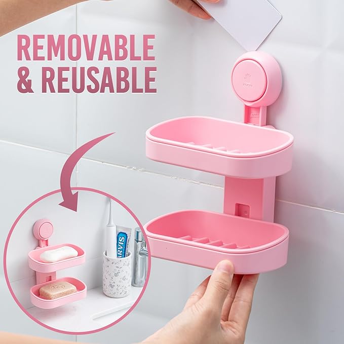 TAILI Double Layer Soap Dish Holder Suction Cup, Strong Sponge Holder for Shower, No Tools Soap Saver for Bathroom, Tub and Kitchen Sink, Shower Accessories, Drill-Free, Removable, Pink