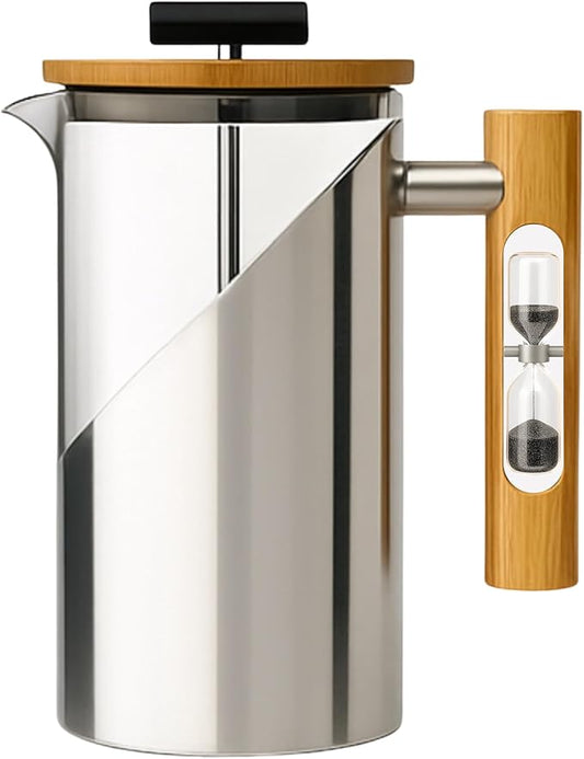 StramperPress| French Press coffee maker | HourGlass Timer| Coffee Press| (Silver, Stainless Steel)