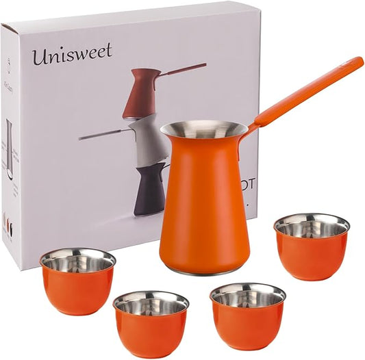 UNISWEET Turkish Coffee Pot Set- Coffee Maker, Briki Greek Turkish Pot with 4 Small Cups, Arabic Tea Pot, Cezve/Ibrik Coffee Pot for Stovetop(1 pot and 4 small cups)