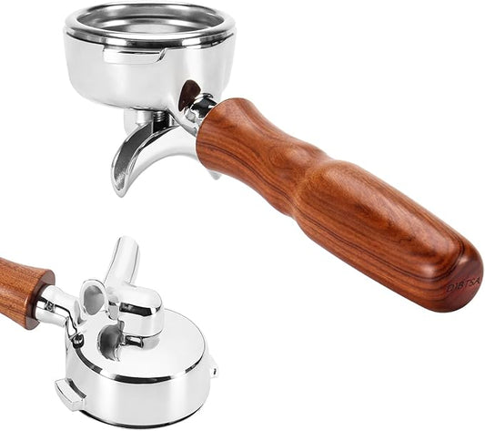 DIBTSA 58mm Espresso Portafilter Compatible with Nuova Simonelli,Double Spouts 2 Ears, with Stainless Steel Head and Filter Basket and Wood Handle