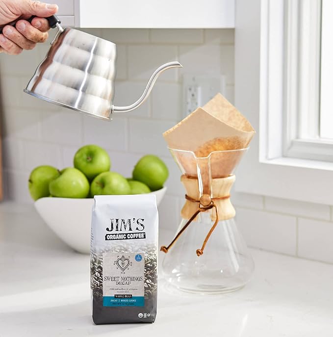 Jim’s Organic Coffee – Sweet Nothings Decaf – Light Roast, Whole Bean (12oz) - 100% Arabica Coffee Beans - USDA Organic – Kosher – Swiss Water Process Decaffeinated Coffee Beans
