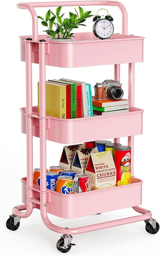 Pipishell 3 Tier Mesh Utility Cart, Rolling Metal Organization Cart with Handle and Lockable Wheels, Multifunctional Storage Shelves for Kitchen Living Room Office Pink