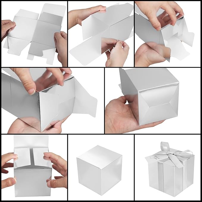 50 Pack Small Gift Boxes, 3x3x3 Favor Boxes Silver Paper Gift Boxes with Lids for Presents, Crafting, Cupcake Boxes, Gifts, Candy Boxes for Wedding Party Bridal Shower Baby Shower Favors