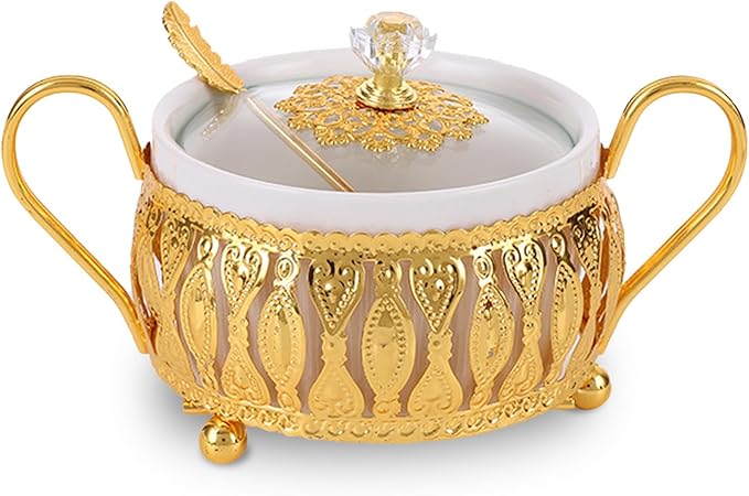 Flylin Sugar Bowl, Turkish Sugar Bowl with Lid and Spoon for for Candy Cookie Honey, Golden Vintage Glass Seasoning Jar for Home and Kitchen Coffee Bar