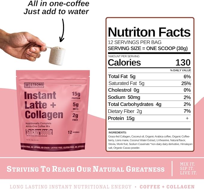 Strong Coffee Co. Snickerdoodle Instant Latte | Organic Coffee with 15g Collagen Protein | Lion’s Mane & L-Theanine | Nootropic Instant Coffee | 12 Servings