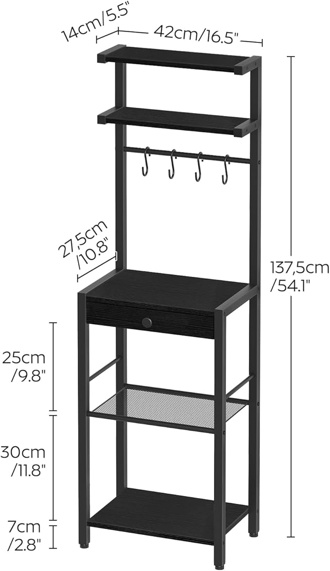 Bakers Rack, 5-Tier Coffee Bar Station, Coffee Stand with Pod Drawer Holder, Versatile Kitchen Storage Rack with 4 Hooks, for Living Room, Cafe Corner, Black KF01BB