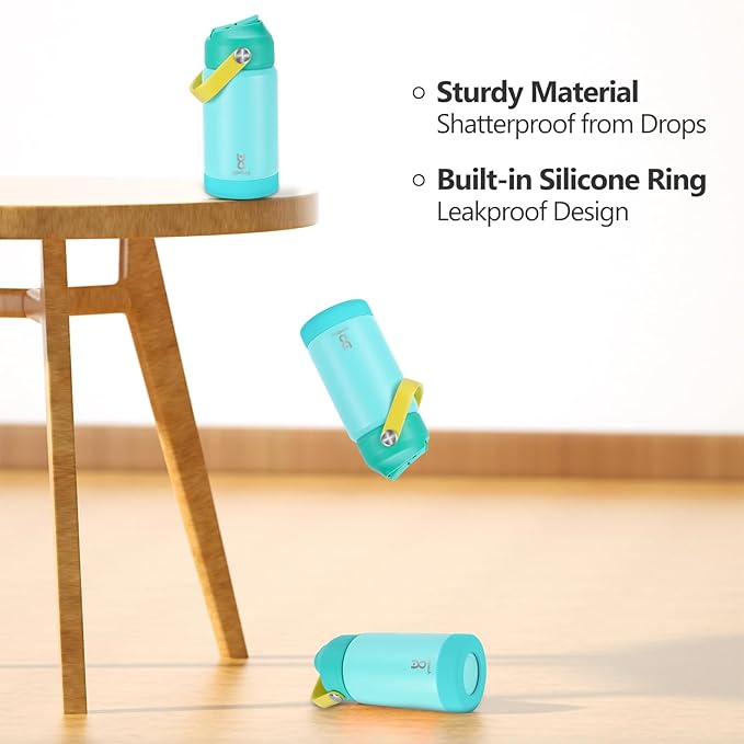 Kids Insulated Water Bottle with Straw Lid & Silicone Handle,12oz Kids Leak Proof Water Bottle for School Boys Girls,Double Wall Vacuum Stainless Steel with Non-slip Silicone Base(Lake Blue)
