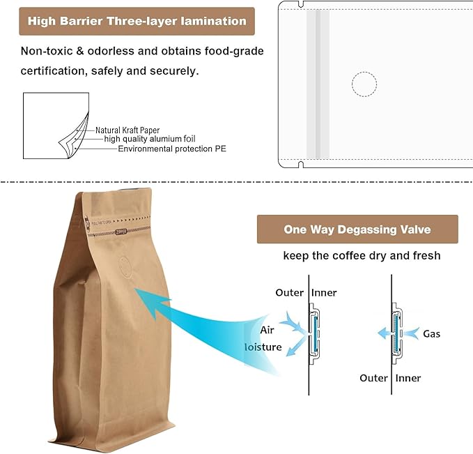 Resealable Side Zipper Coffee Bags with Degassing Valve, High Barrier Natural Kraft Coffee Pouches with Aluminum Foil Liner, Ziplock Food Storage Bags, Longer Shelf Life (50, 12oz/0.75lb)