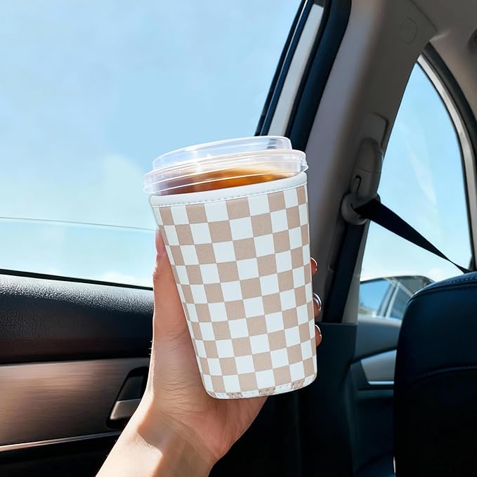 Reusable Insulated Sleeve for Iced Coffee Cup, Coffee Neoprene Sleeve for Cold & Hot Drinks, Beverage Holder for Iced Coffee (Classic Checker, Medium: 22-24oz)
