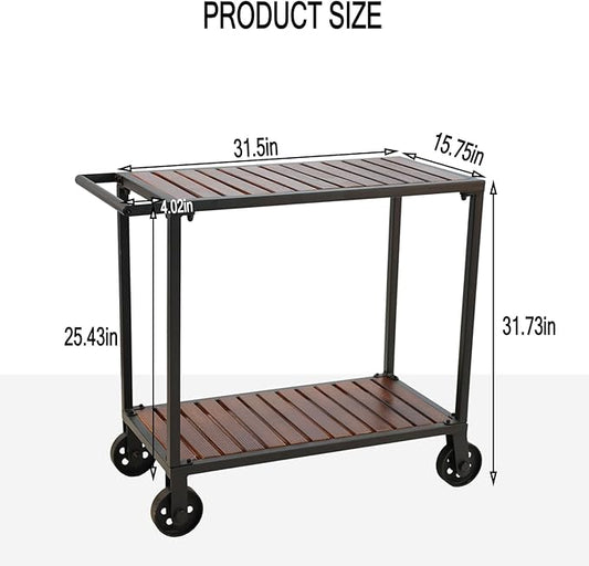 Vintage Mobile Serving Cart on Wheels Industrial 2-Tier Rolling Bar Cart for Home Kitchen Farmhouse Utility Cart for Office Wood and Metal Design with Side Handle 31.7inch Height