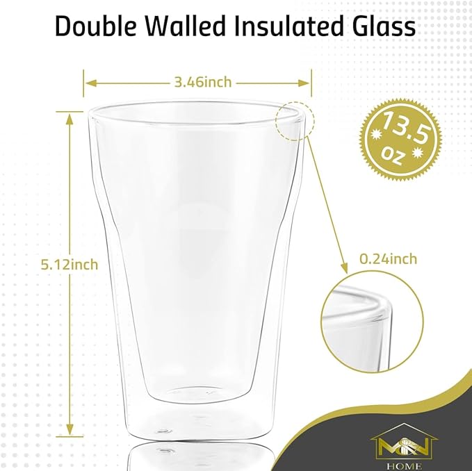 M&N HOME Double Wall Insulated Glass Tumbler Drink Glass, 13.5 Oz Highball Glass Cups for Beer, Lemonade, Iced Tea, Tropical Drink. Cocktail, Smoothie, Mojito - Set of Four