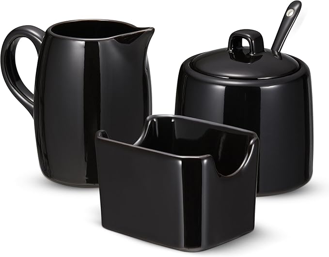 KooK Sugar and Creamer Set, 3 Piece, Pitcher, Sugar Bowl with Lid and Spoon, Sweetener Holder (Black)