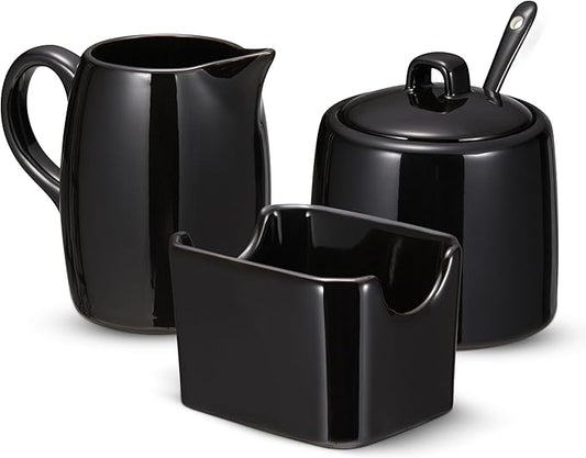 KooK Sugar and Creamer Set, 3 Piece, Pitcher, Sugar Bowl with Lid and Spoon, Sweetener Holder (Black)