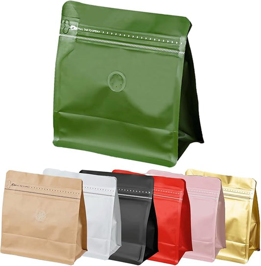 50 Pcs 0.5lb Green Sqaure Coffee Bean Bags with Valve, Easy Tear Open & Repeating Sealed Zipper, Heat-seal Stand Up & Flat Bottom Coffee Bag, 8oz Capacity 7.6.1x6.5 Inch