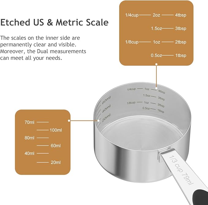 LEIFENY 1PCS 1/3CUP(79ml) Dog Cat Food Scoop, Stainless Steel Measuring Cup, Metal Pet Scooper with Inner Precision Scale Measurement