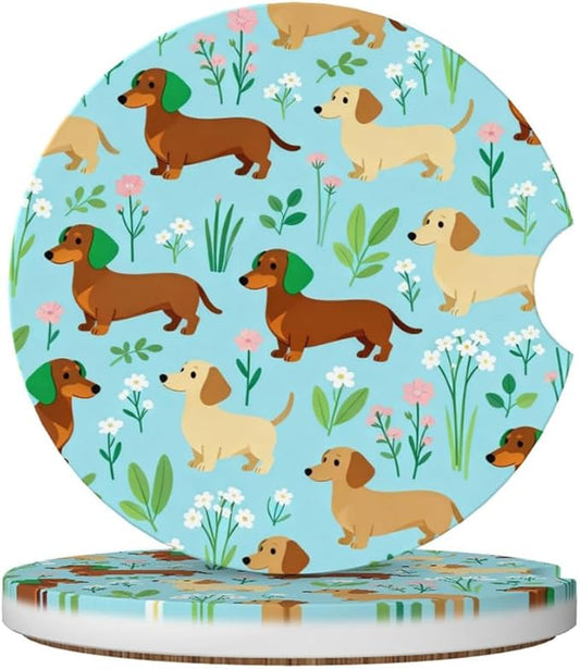 Car Cup Holder Coasters, 2 Pcs Ceramic Coasters with Finger Slot and Cork Back, Anti-Slip Shock Absorbing Women and Men Universal Car Accessories - Lovely Wiener Dog